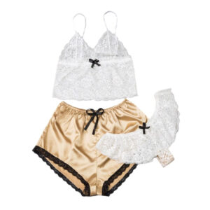 Pack of 3 - Lace Detail Bralette- Satin Shorts and Thong