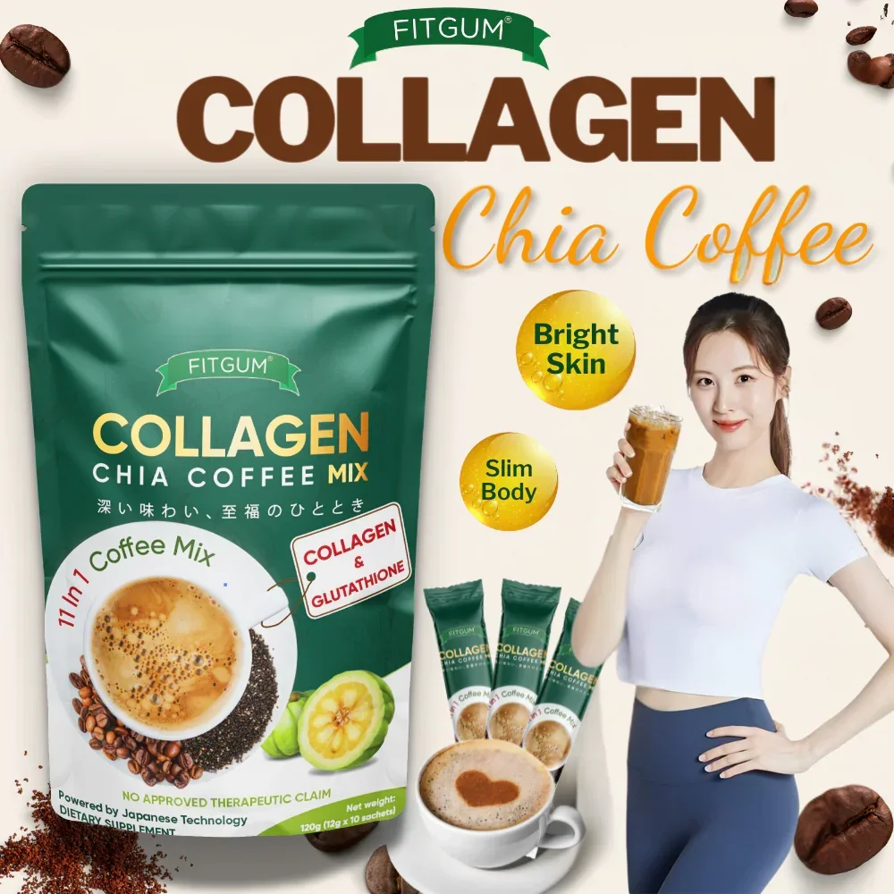 3packs Fitgum 20X Collagen Chia 11 in 1 Shape Coffee Mix – 12g x 10pcs x 3