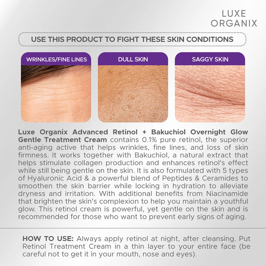 Luxe Organix Retinol Bakuchiol Overnight Glow Gentle Treatment Cream - 30g